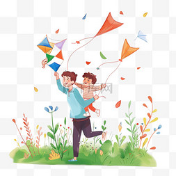 卡通绿草地背景图片_父子春天草丛放风筝手绘元素