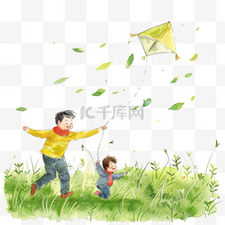 元素春天父子草丛放风筝手绘
