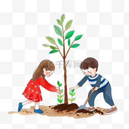 植树节一家人手绘插画植树元素