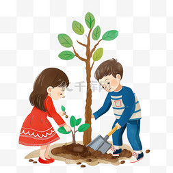 扶着孩子图片_插画植树节一家人植树手绘元素