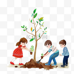 植树造林背景图图片_手绘植树节一家人植树插画元素