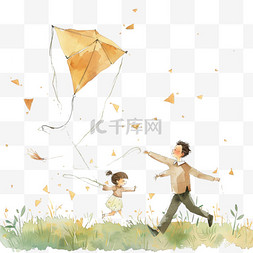 春天手绘元素父子草丛放风筝