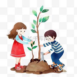 植树节背景图片_植树节一家人手绘植树插画元素