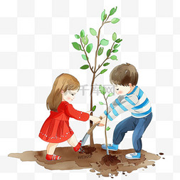 植树节一家人插画植树手绘元素