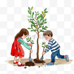 一家人植树手绘插画元素植树节