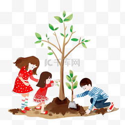 植树节一家人植树手绘插画元素