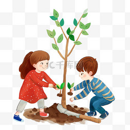 植树节背景图片_植树节插画一家人植树手绘元素