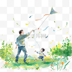 玩耍的父子图片_放风筝春天父子草丛手绘元素
