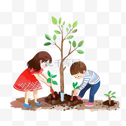一家人植树节植树手绘插画元素