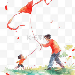卡通绿草地背景图片_手绘父子草丛放风筝元素春天