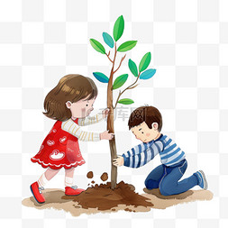 植树节一家人植树插画元素手绘