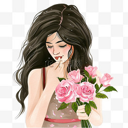 拿玫瑰花的女人图片_手绘免抠妇女节女人鲜花元素