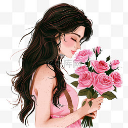拿玫瑰花的女人图片_妇女节元素女人鲜花手绘免抠