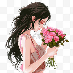 拿玫瑰花的女人图片_妇女节女人手绘鲜花免抠元素
