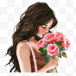 拿玫瑰花的女人图片_妇女节女人免抠元素鲜花手绘