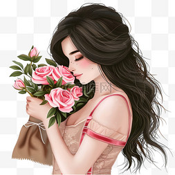 拿玫瑰花的女人图片_妇女节女人鲜花免抠元素手绘