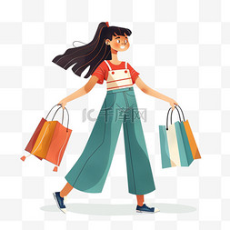购物袋红色图片_妇女节女人购物免抠元素手绘