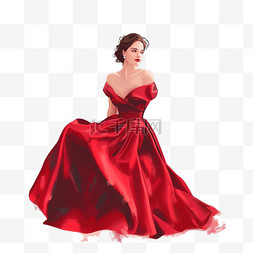 红色礼服插画图片_手绘元素妇女节女人礼服优雅