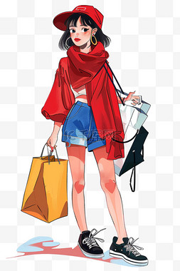 购物袋红色图片_插画时尚女孩卡通手绘免抠元素