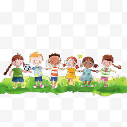 衣服地上图片_卡通手绘一群孩子草地上玩耍元素