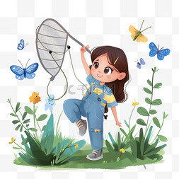 女孩春天抓蝴蝶植被卡通手绘元素