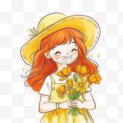 黄色小帽子图片_可爱女孩鲜花春天卡通手绘元素