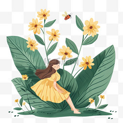 黄色七星瓢虫图片_春天手绘插画女孩植物花朵元素