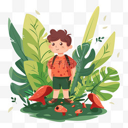 橙色背景插画图片_卡通手绘春天植物男孩元素