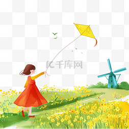 油画红色图片_春天植物女孩风筝卡通手绘元素