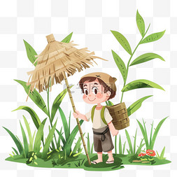 米色植物图片_手绘元素春天男孩植物卡通