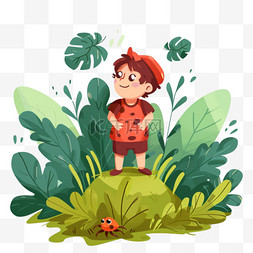 绿色植被背景图片_春天卡通手绘植物男孩元素