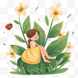 手绘的七星瓢虫图片_女孩春天植物花朵手绘插画元素