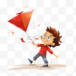 红色风筝卡通图片_手绘男孩元素放风筝卡通