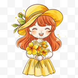 黄色小帽子图片_卡通春天可爱女孩鲜花手绘元素
