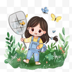 绿色植被背景图片_卡通春天女孩抓蝴蝶植被手绘元素