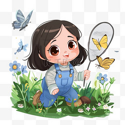 女孩抓蝴蝶植被卡通手绘春天元素