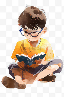 戴眼镜的卡通男孩图片_元素男孩读书手绘插画