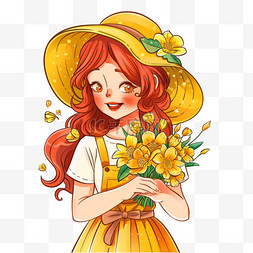 黄色小帽子图片_手绘春天元素可爱女孩鲜花卡通