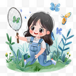 蝴蝶女孩卡通图片_手绘春天女孩抓蝴蝶植被卡通元素