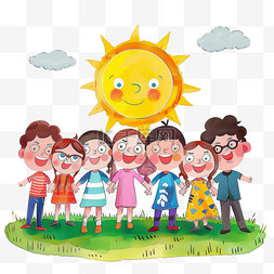可爱的太阳表情图片_可爱孩子太阳玩耍卡通元素手绘