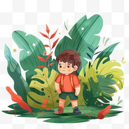 橙色的裤子图片_春天手绘元素植物男孩卡通