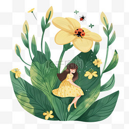 春天女孩植物花朵插画手绘元素