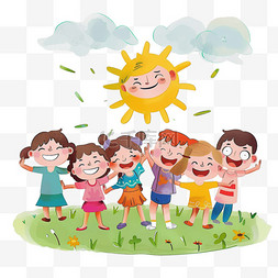 手绘太阳白色图片_可爱孩子卡通手绘太阳玩耍元素