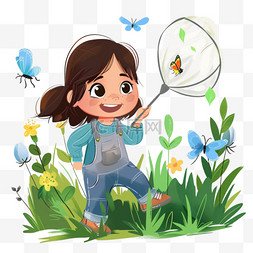 春天卡通女孩抓蝴蝶植被手绘元素