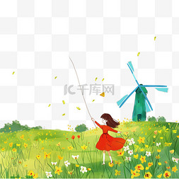 植物春天女孩风筝卡通手绘元素