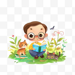 坐在草丛里图片_卡通手绘可爱男孩植物读书元素