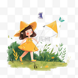 蝴蝶在飞图片_春天女孩草地手绘放风筝卡通元素