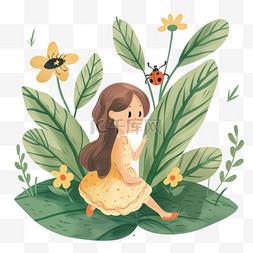 女孩植物花朵手绘插画元素春天