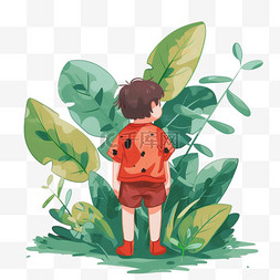春天植物手绘男孩卡通元素