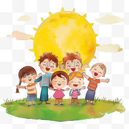 可爱卡通黄色太阳图片_可爱孩子卡通太阳玩耍手绘元素